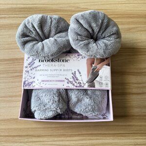 NEW Brookstone Thera Spa Warming Slipper Boots Lavender Infused Gray Fleece OS